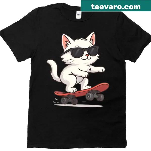 Funny T-shirt with cartoon cat on skateboard