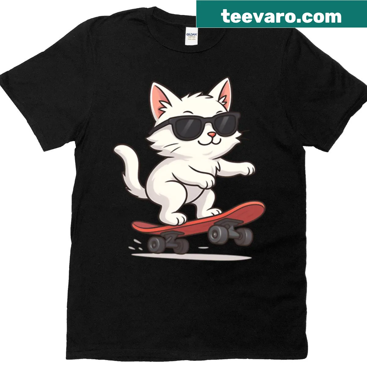 Funny T-shirt with cartoon cat on skateboard — on a men's t-shirt