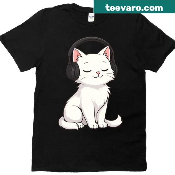 Anime cat T-shirt with headphones enjoying music