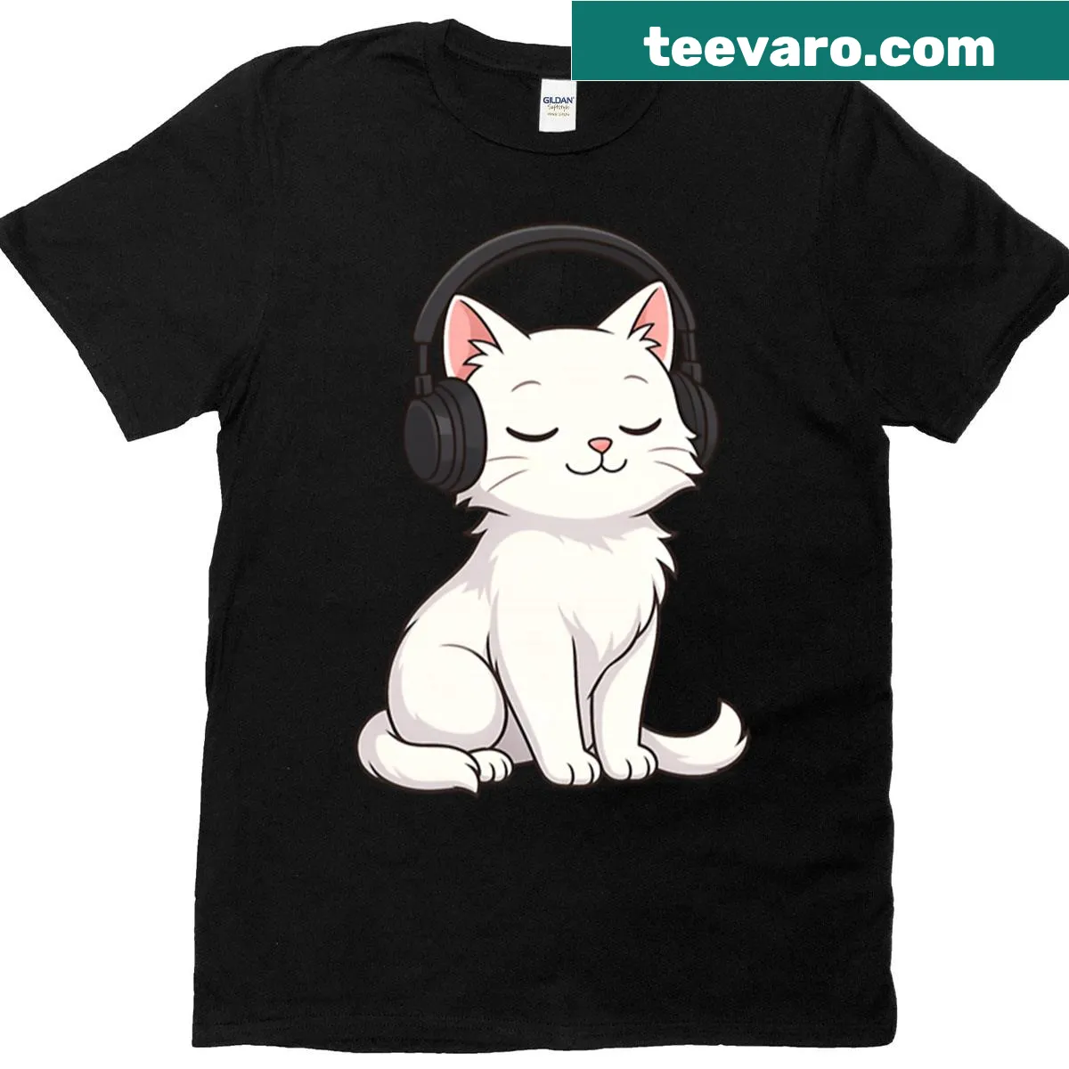 Anime cat T-shirt with headphones enjoying music — on a men's t-shirt