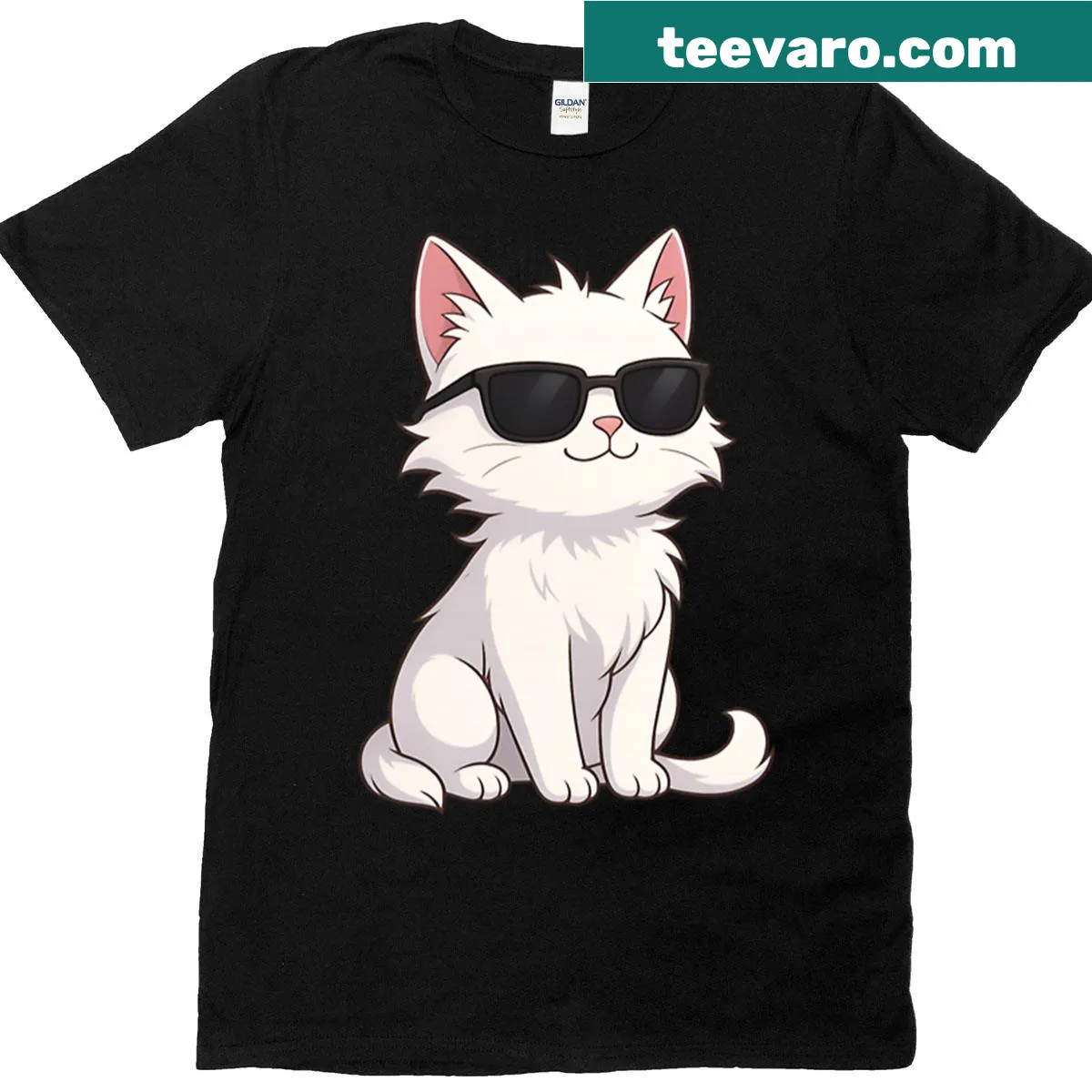 Anime art T-shirt featuring a cool white cat with sunglasses — on a men's t-shirt