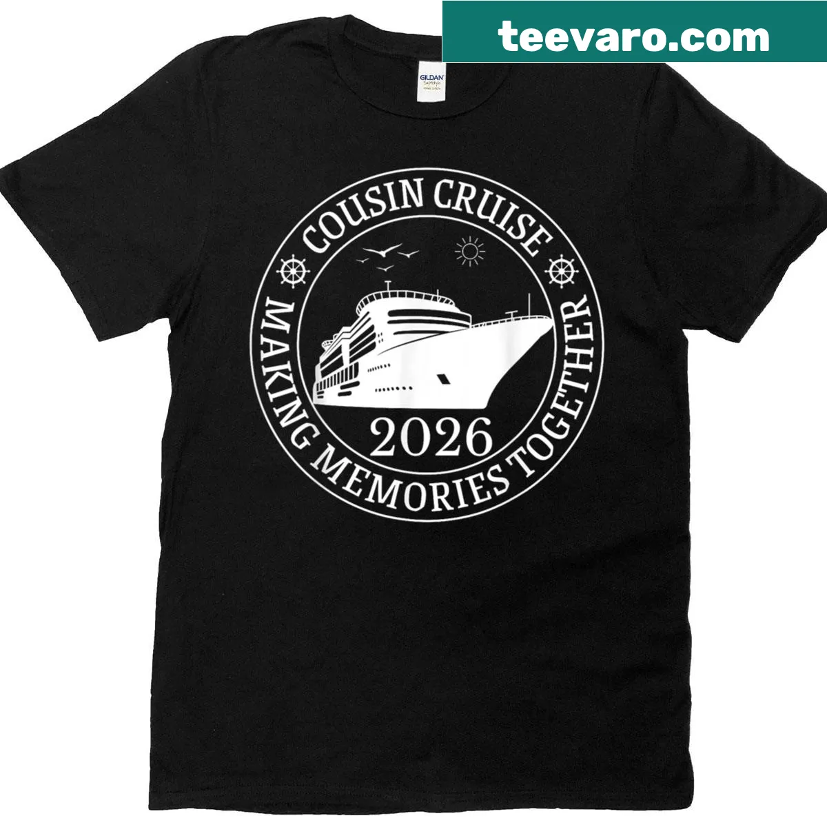 Illustrated T-shirt featuring a vacation scene celebrating family memories. — on a men's t-shirt