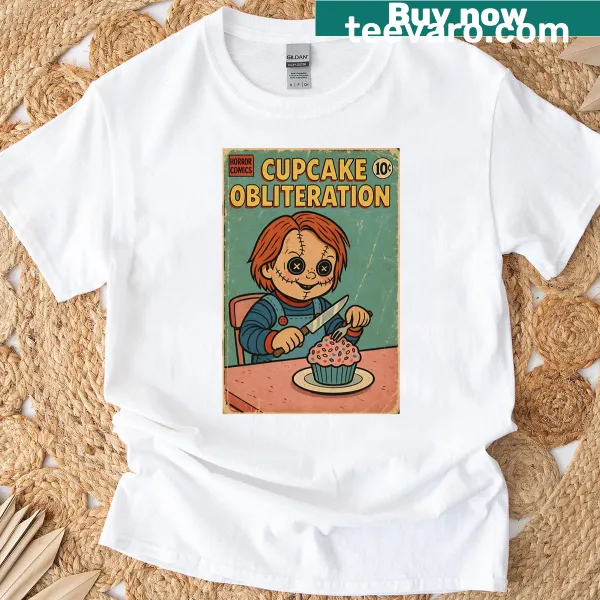 Cute Halloween T-shirt featuring an illustration of cupcake obliteration