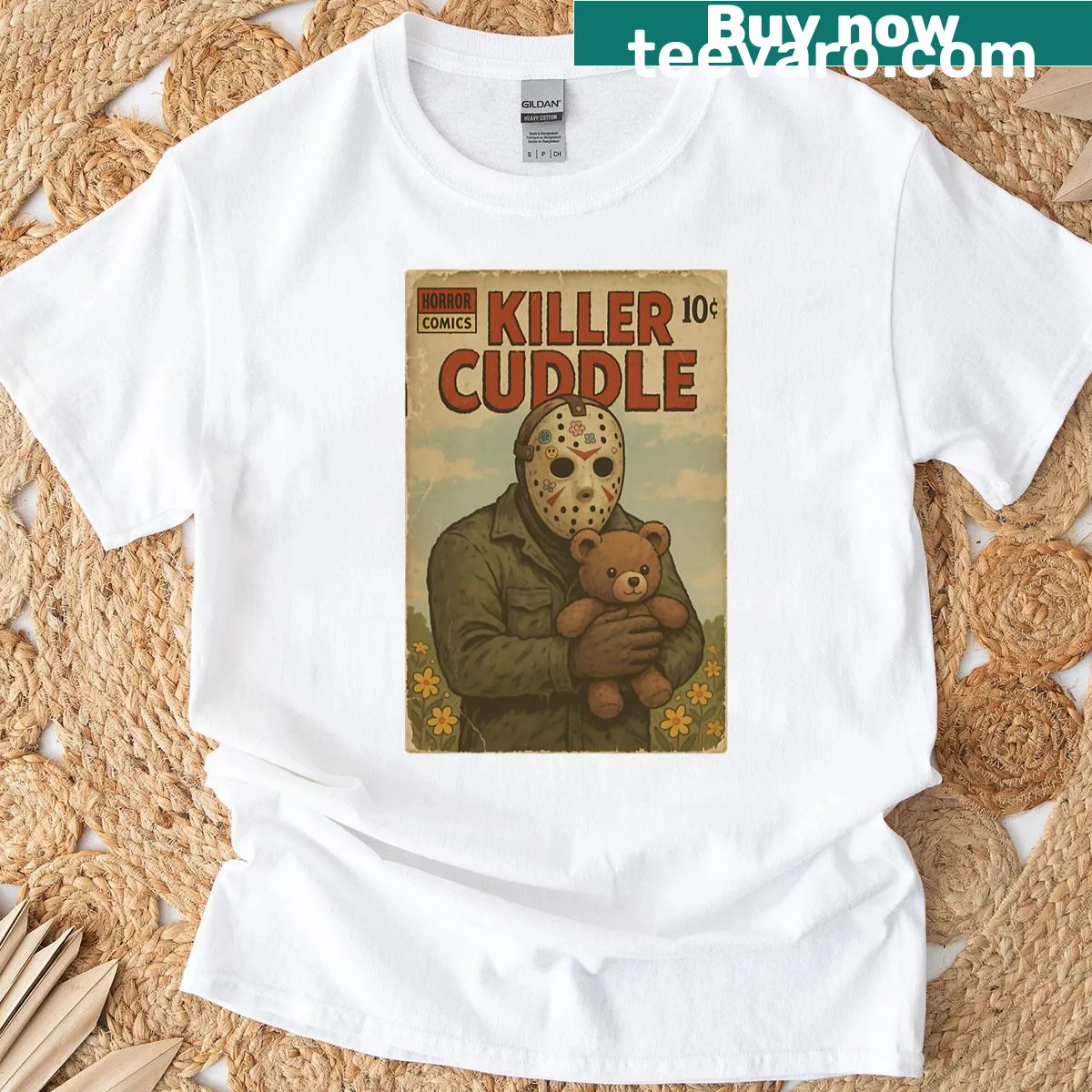 Cute Halloween T-shirt with a creepy cuddle design — on a men's t-shirt