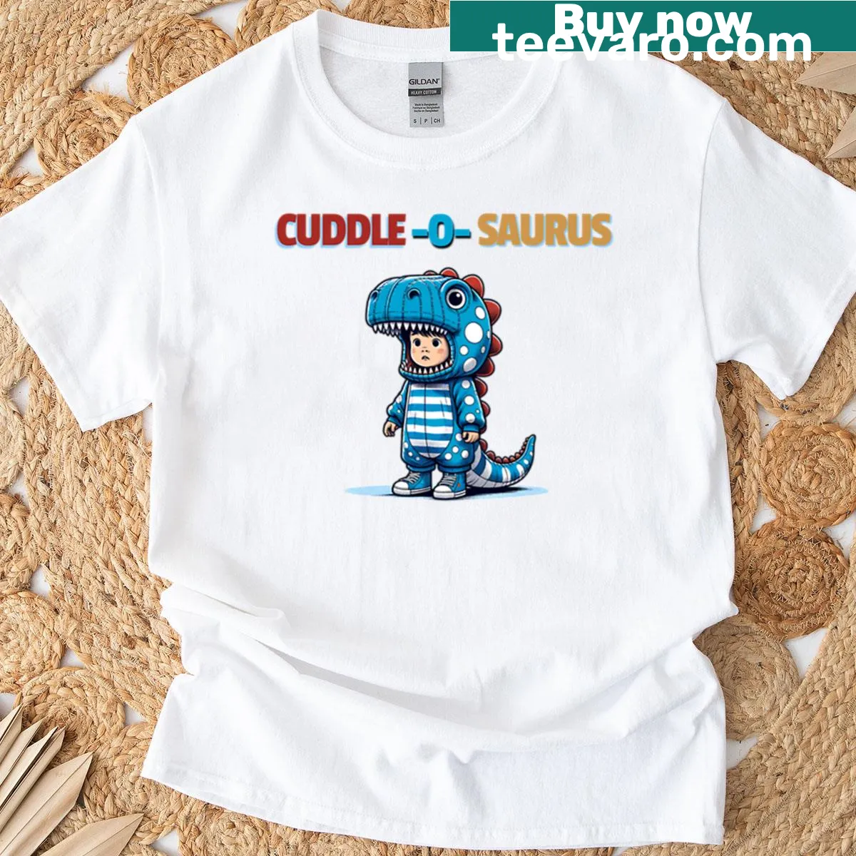 Cute dinosaur T-shirt featuring a friendly Cuddle-o-saurus Rex — on a men's t-shirt