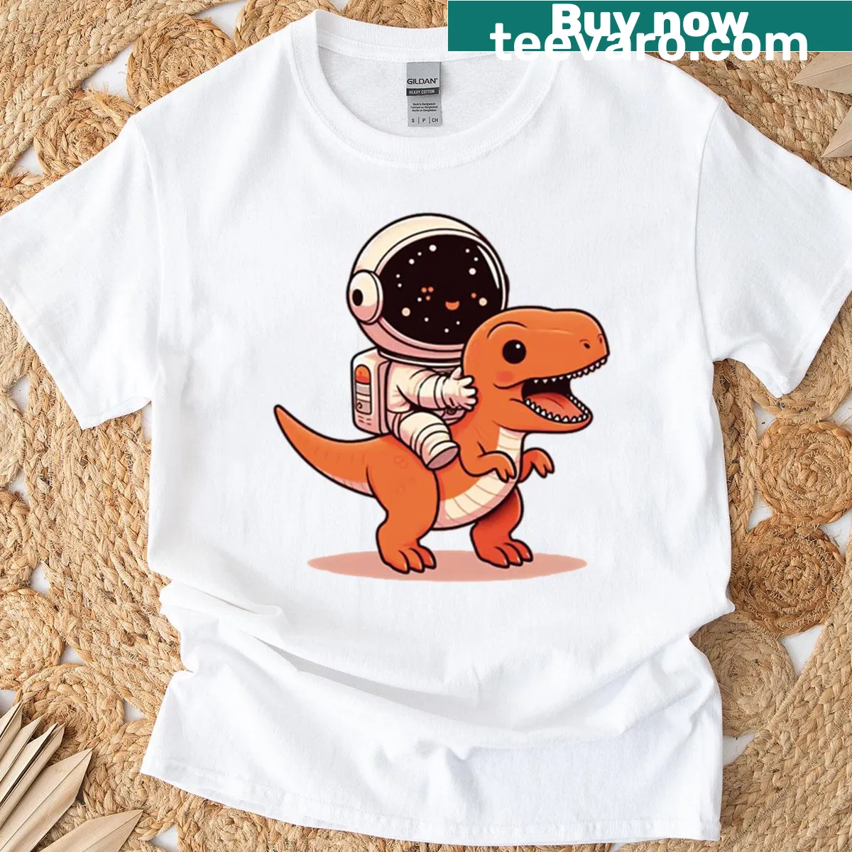 Illustration of an astronaut riding a dinosaur on a T-shirt. — on a men's t-shirt