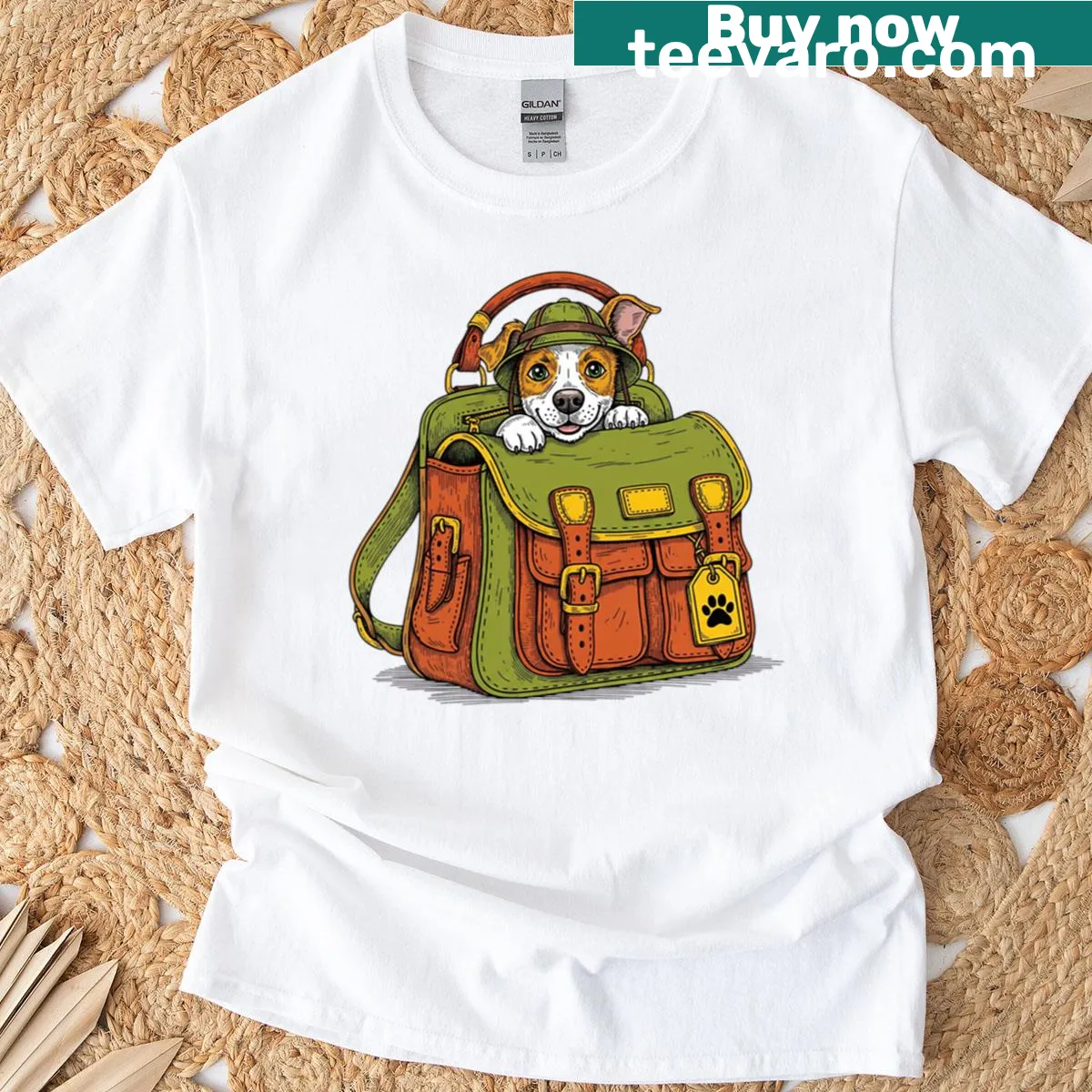 T-shirt featuring a cute beagle dog in a backpack — on a men's t-shirt