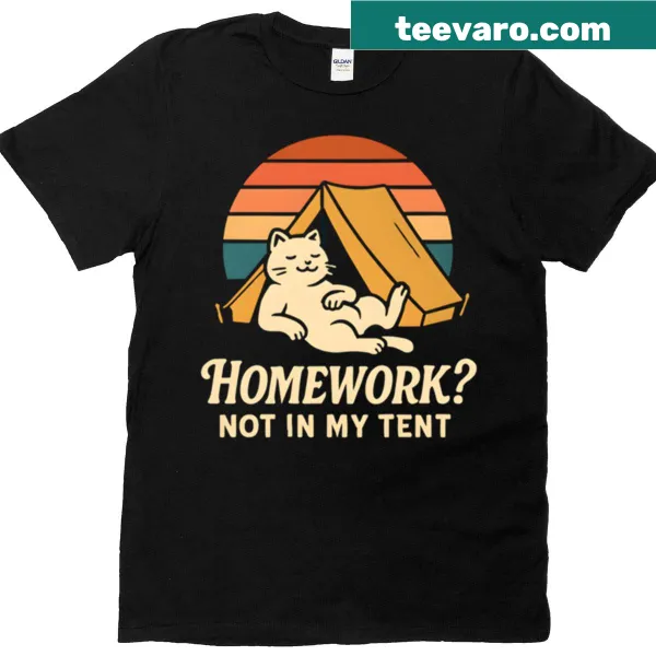 Retro style T-shirt with cute cat camping graphic