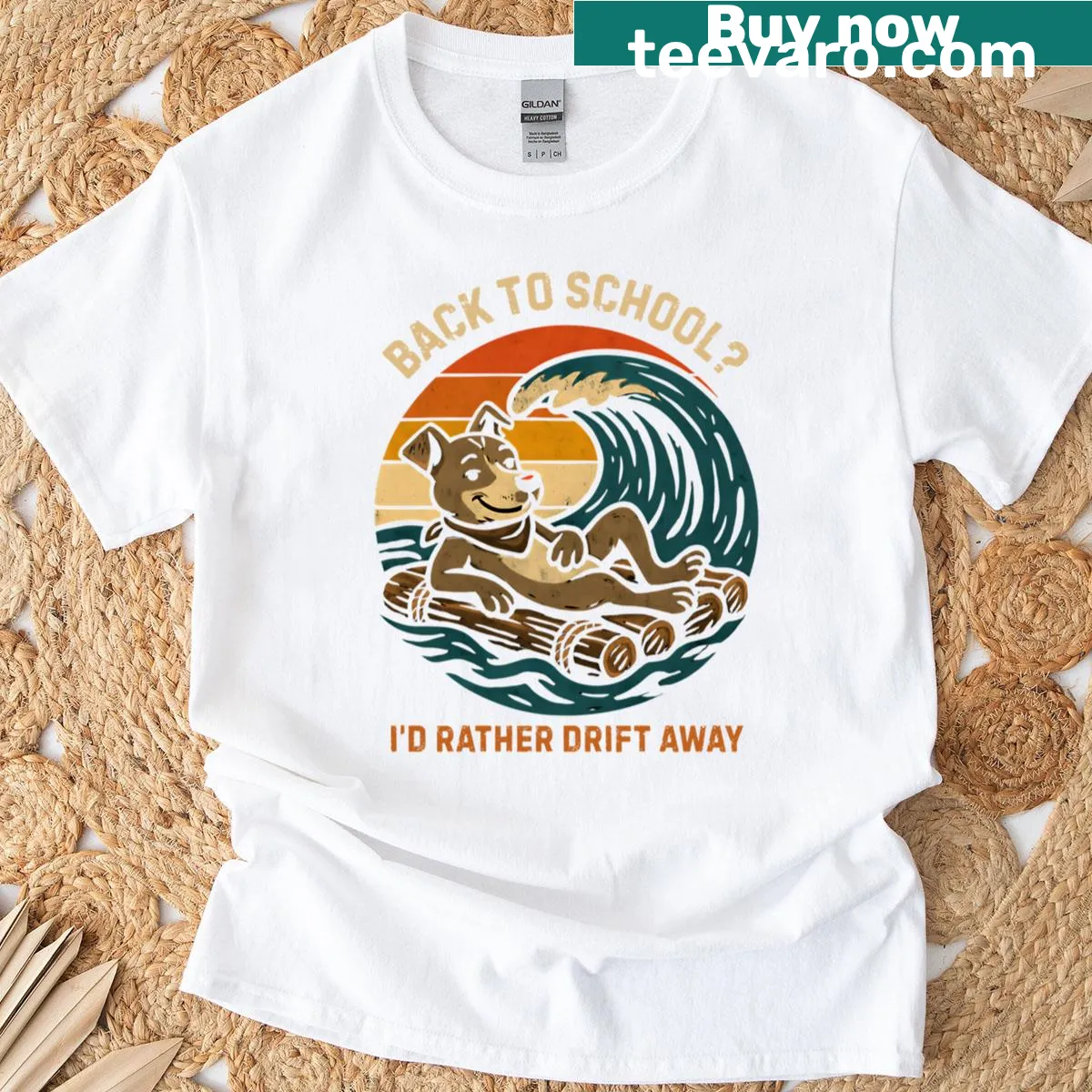 Vintage style oversized t-shirt with a cute dog on a raft — on a men's t-shirt