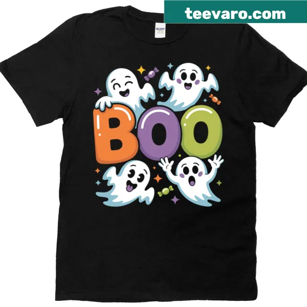 Cute Halloween t-shirt featuring kawaii ghosts and 'Boo' text