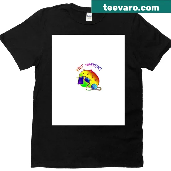 Kawaii animal graphic with 'Knit Happens' text on a t-shirt