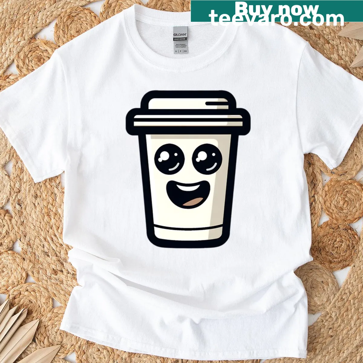 Kawaii cartoon coffee cup graphic on a cute t-shirt — on a men's t-shirt