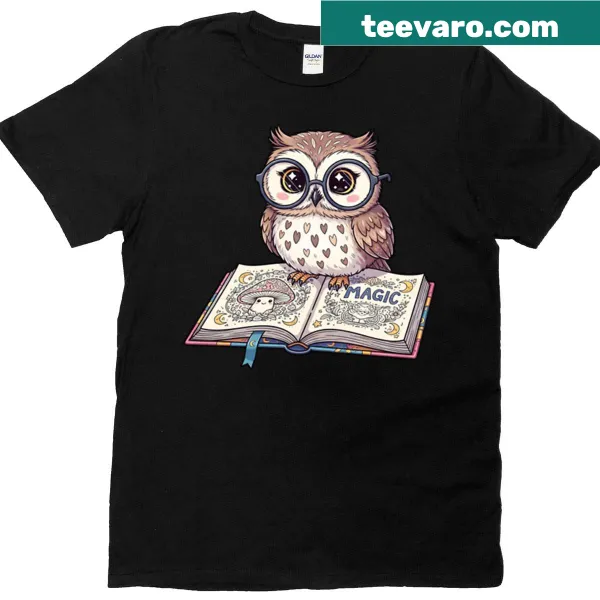 Illustration of a cute owl with magical books on a T-shirt