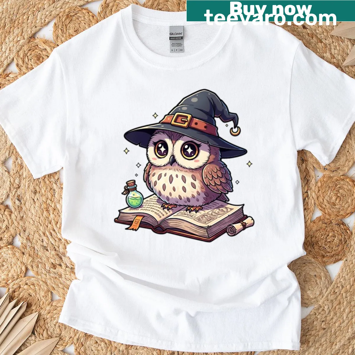 Oversized T-shirt with a cute owl wearing a witch hat — on a men's t-shirt