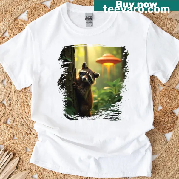 Cute raccoon UFO t-shirt featuring an adorable raccoon design