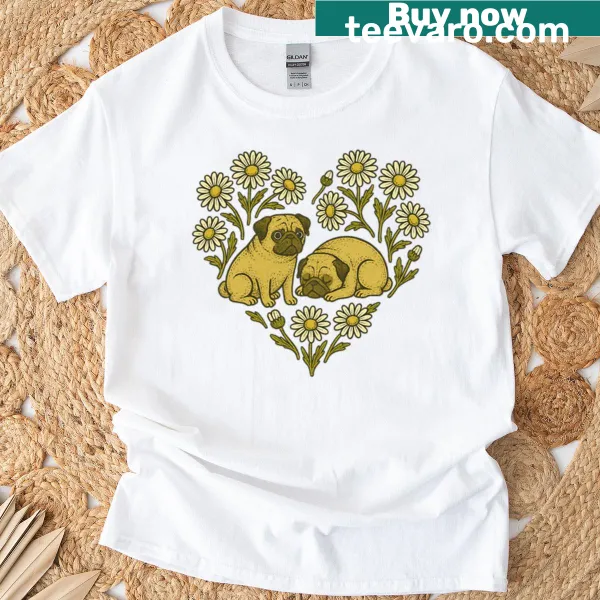 Cute floral design T-shirt featuring adorable pugs among daisies