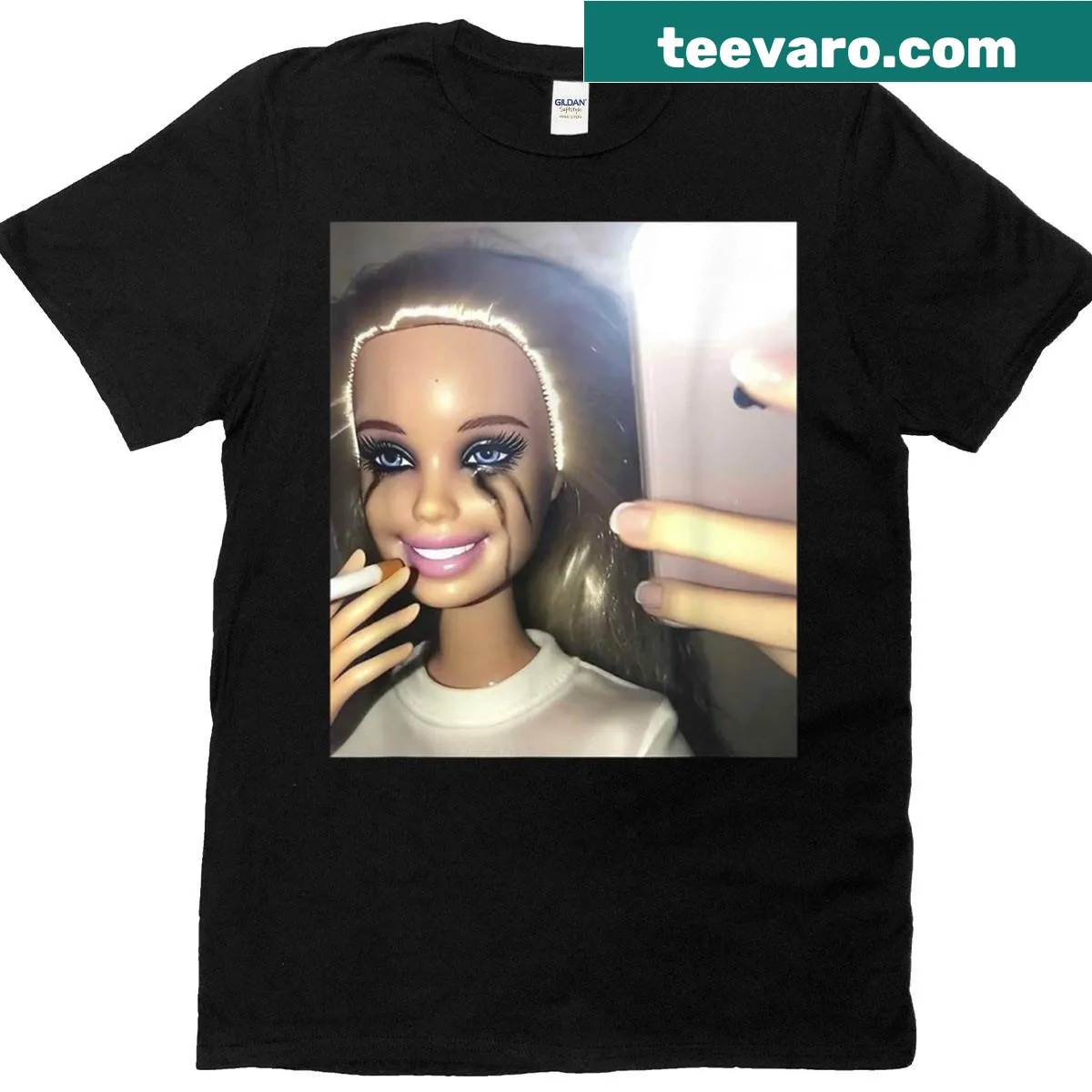 Dark humor doll smoking selfie graphic t-shirt — on a men's t-shirt