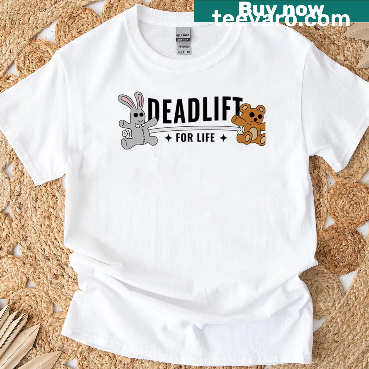 Whimsical bunny and bear deadlift illustration t-shirt — on a men's t-shirt