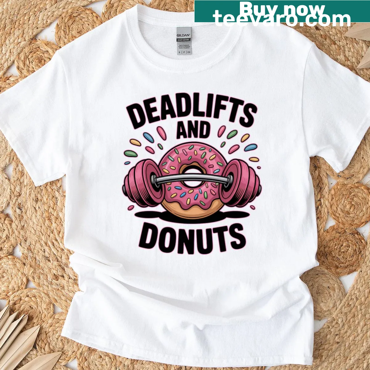 Oversized T-shirt with deadlifts and donuts graphic — on a men's t-shirt