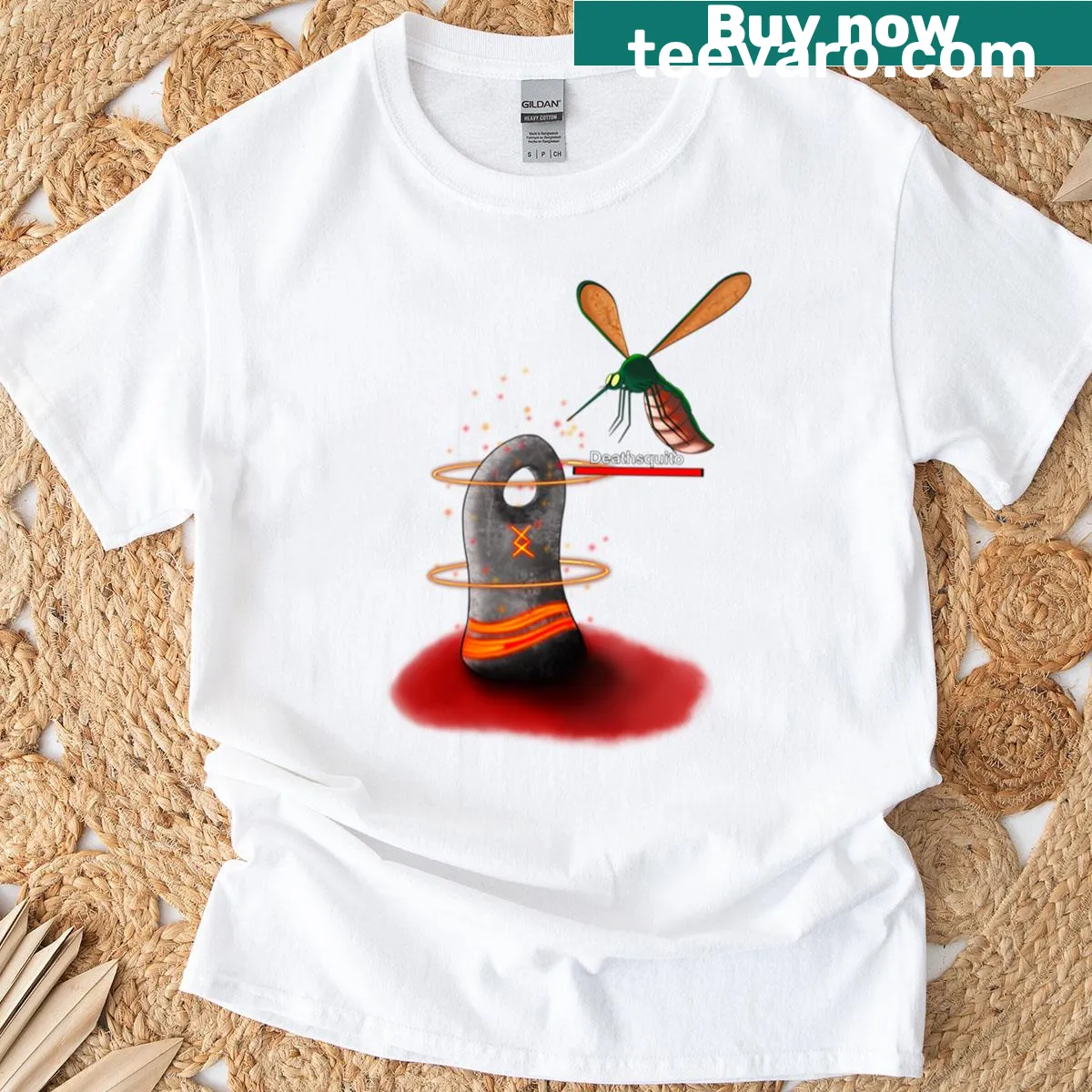 Valheim T-shirt featuring the Deathsquito Stone design — on a men's t-shirt