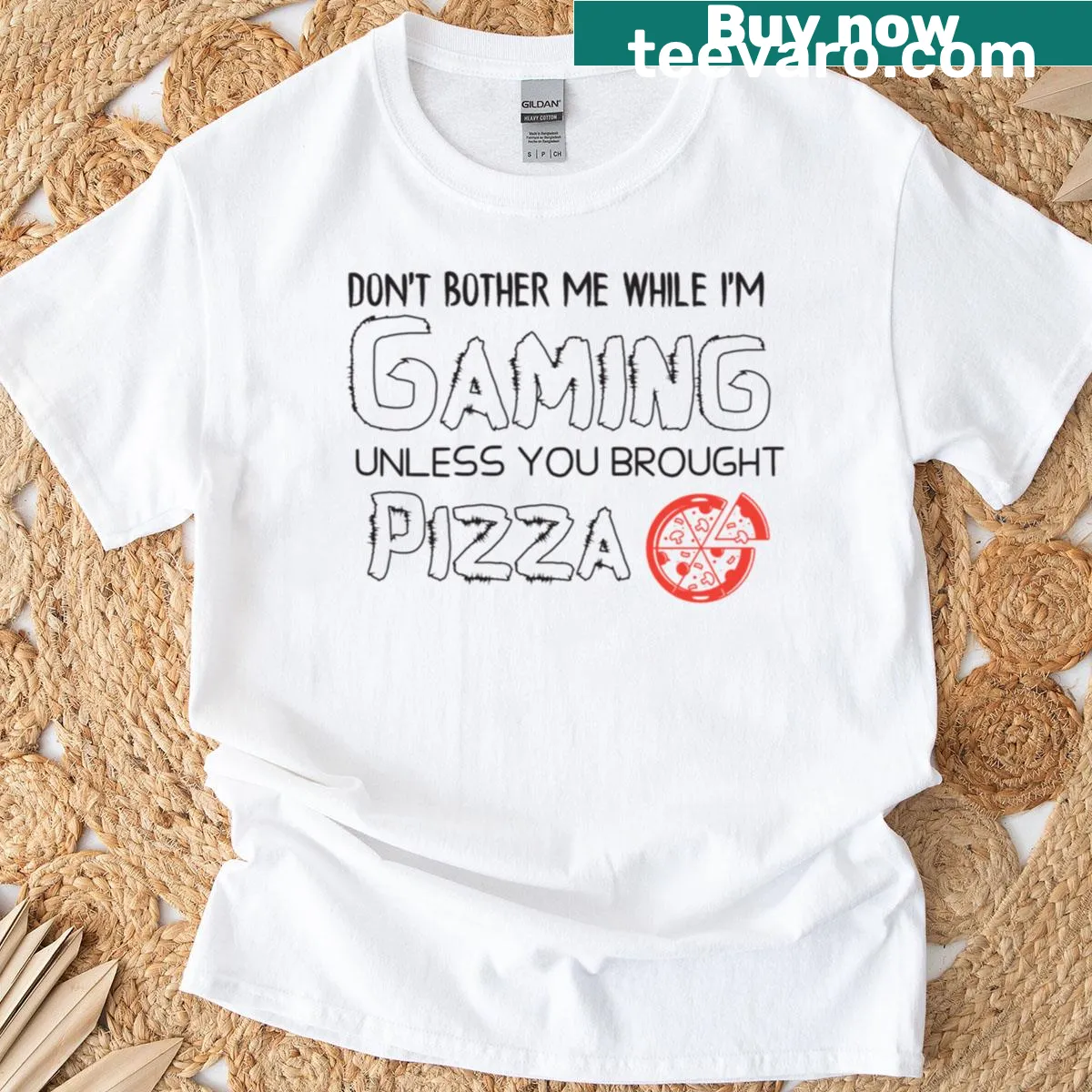 T-shirt with humorous gaming phrase about pizza — on a men's t-shirt
