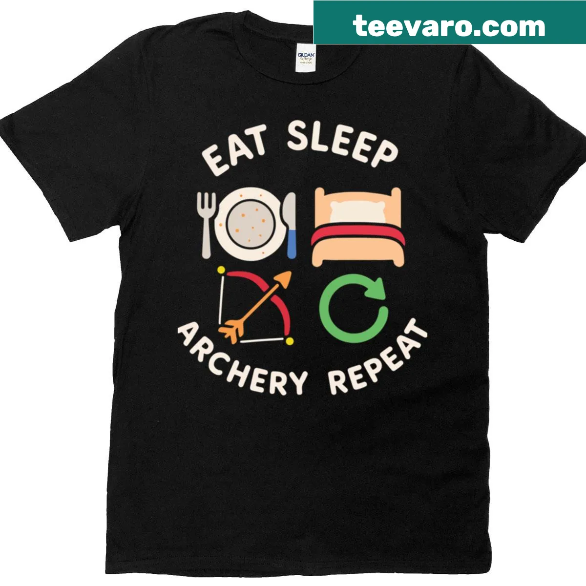 Funny archery themed t-shirt with Eat Sleep Archery Repeat text — on a men's t-shirt