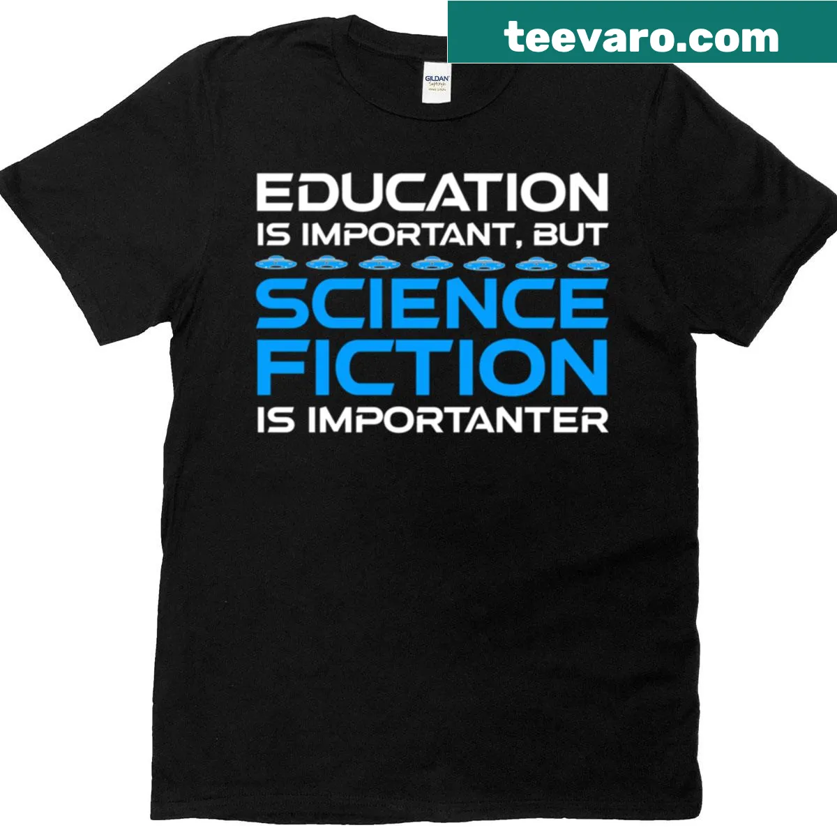 Funny t-shirt with the phrase 'Education Is Important But Science Fiction Is Importanter' in whimsical typography — on a men's t-shirt