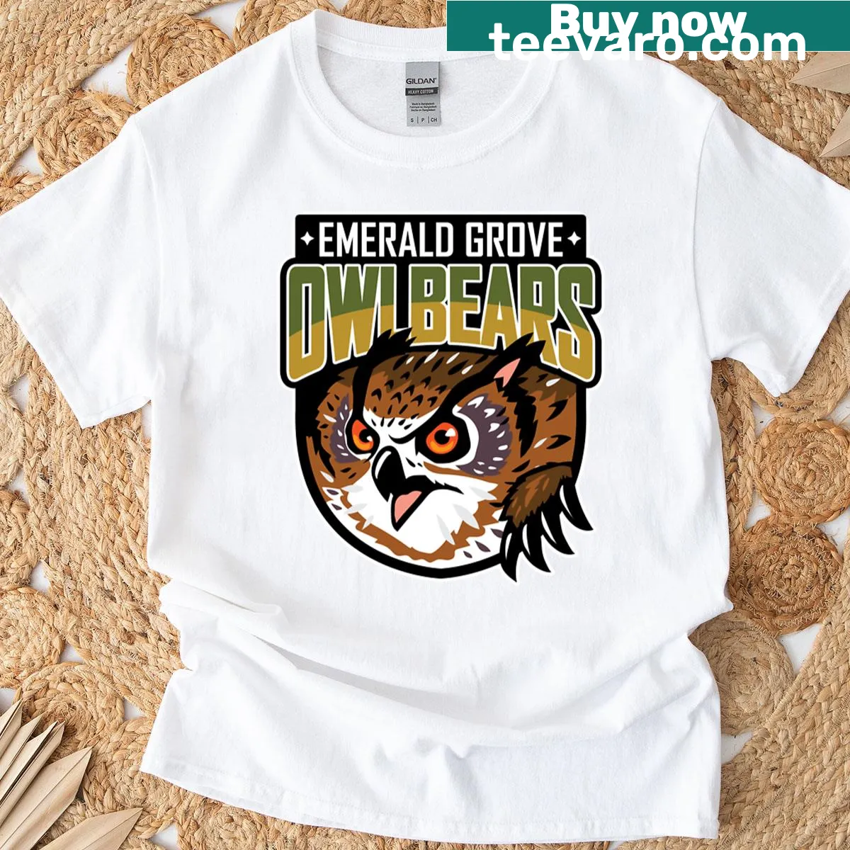 T-shirt showcasing whimsical illustration of owlbears in emerald grove — on a men's t-shirt