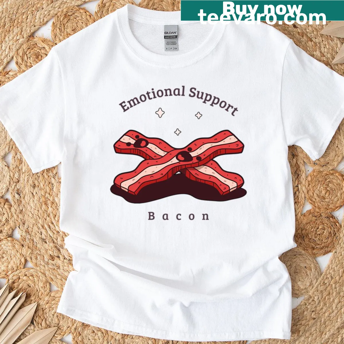 Oversized T-shirt with the text 'Emotional Support Bacon' — on a men's t-shirt