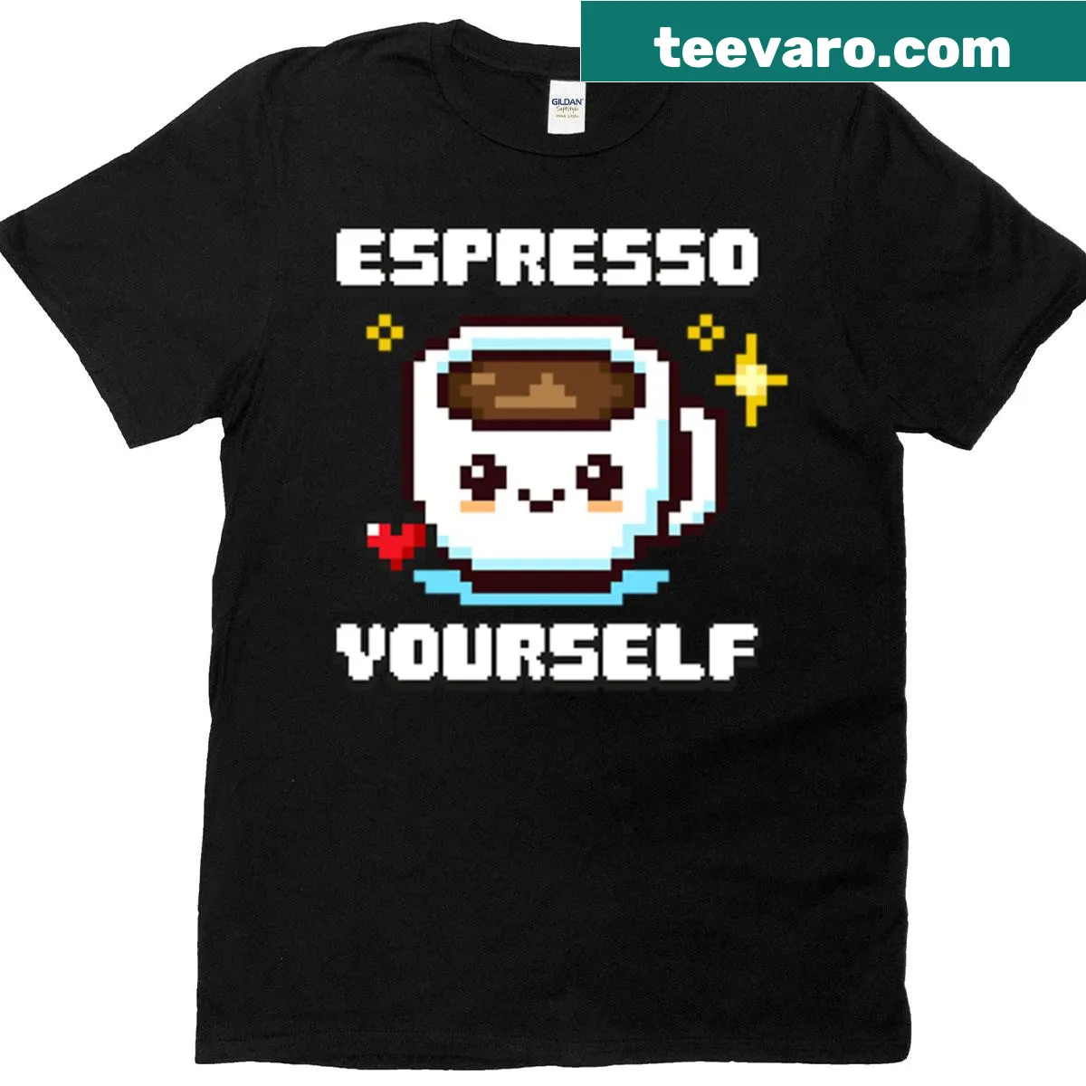 Cute pixel coffee gamer design t-shirt — on a men's t-shirt