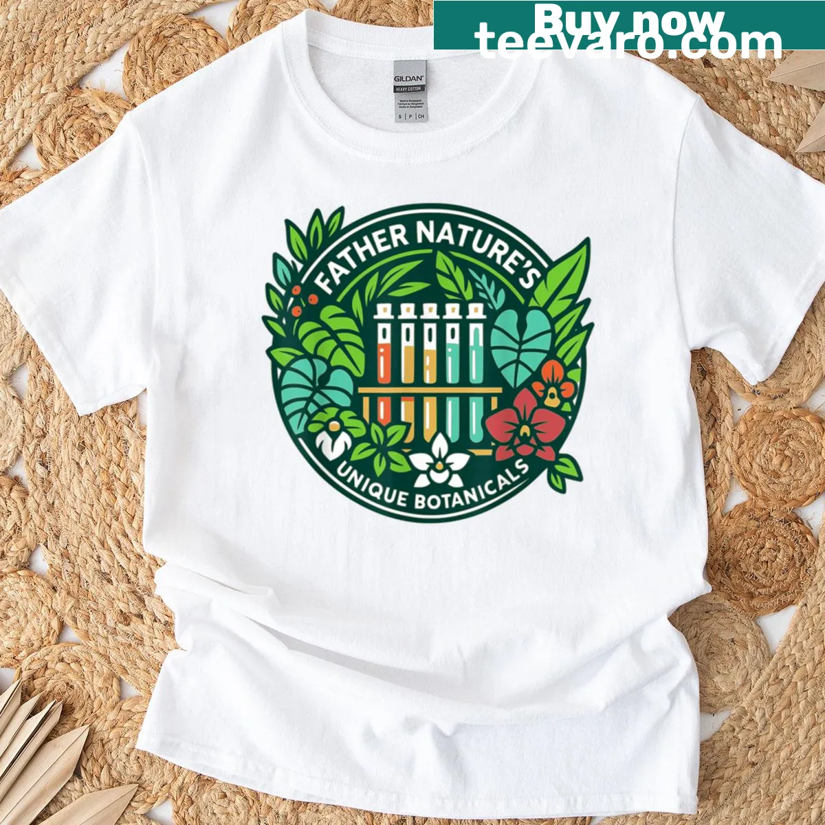 Nature-themed Father Natures T-shirt with whimsical illustrations — on a men's t-shirt