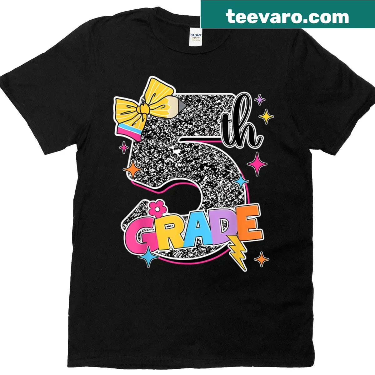 T-shirt featuring a composition notebook with 'First Day of Fifth Grade' text — on a men's t-shirt
