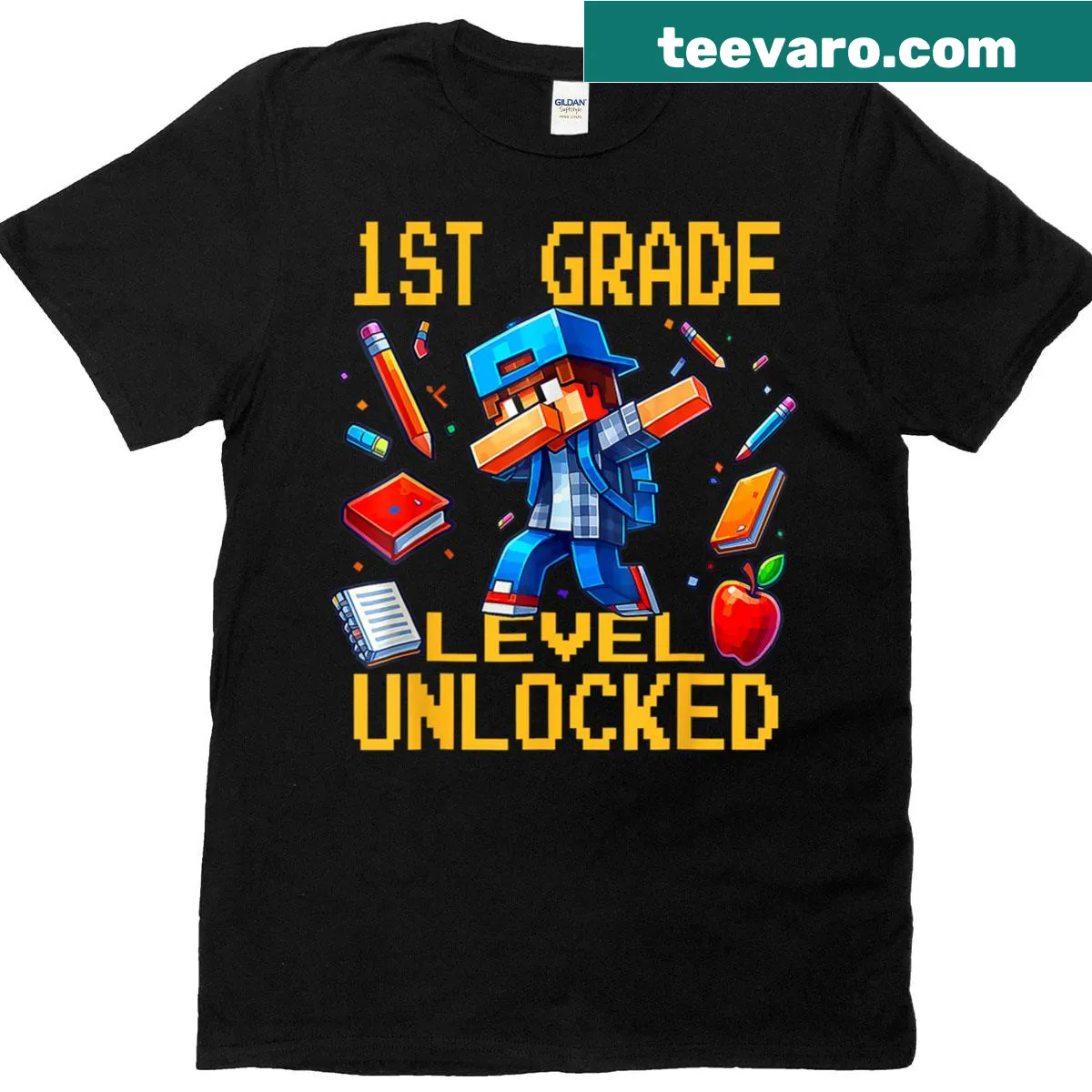 Dabbing gamer T-shirt celebrating first grade level unlocked — on a men's t-shirt