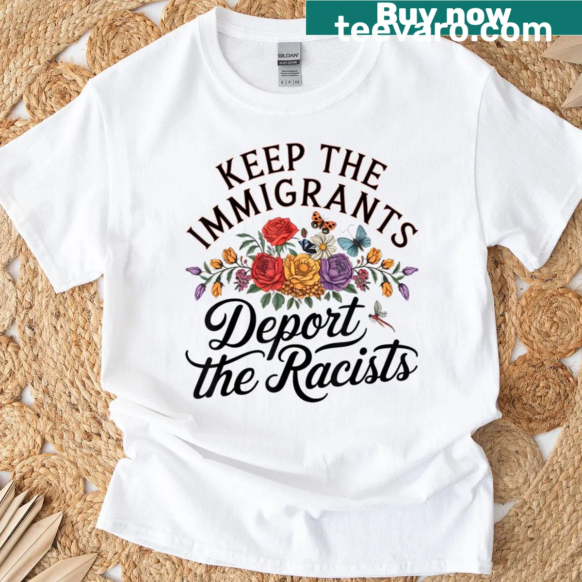 Typographic design with floral elements promoting social justice on a t-shirt — on a men's t-shirt