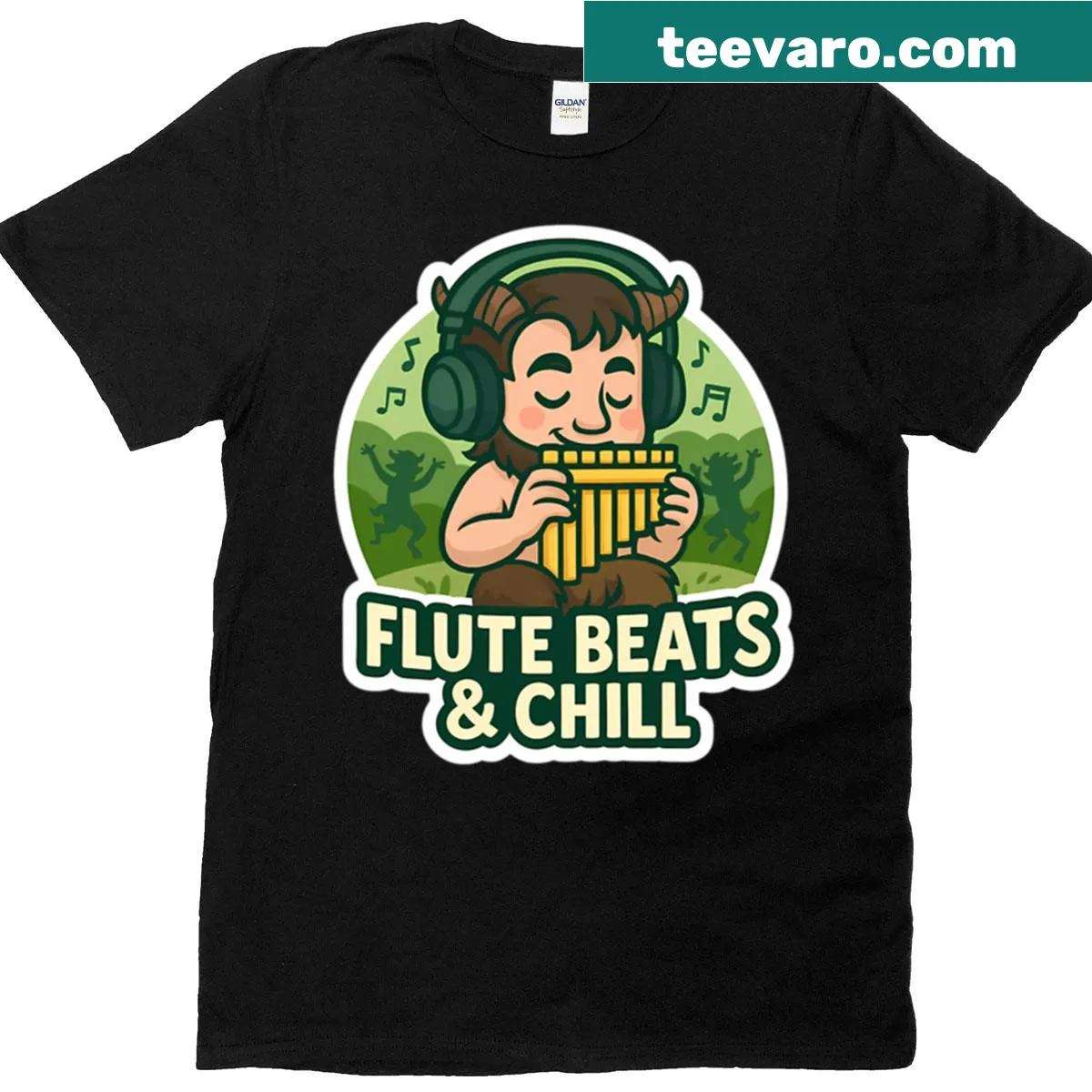Graphic design featuring flute and pan instruments on a T-shirt — on a men's t-shirt