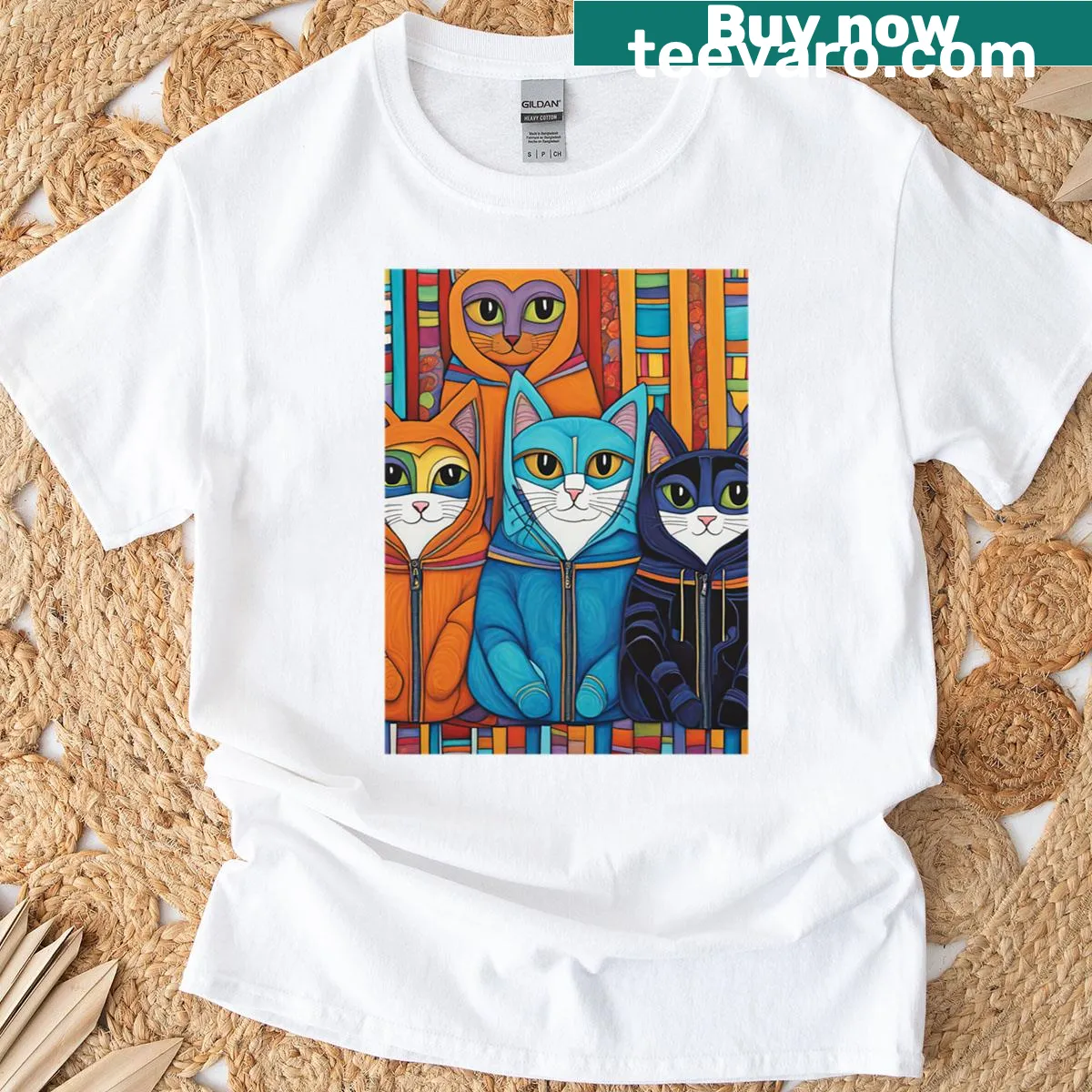 Folk art illustration of kittens in a bar on a t-shirt, appealing to cat lovers. — on a men's t-shirt