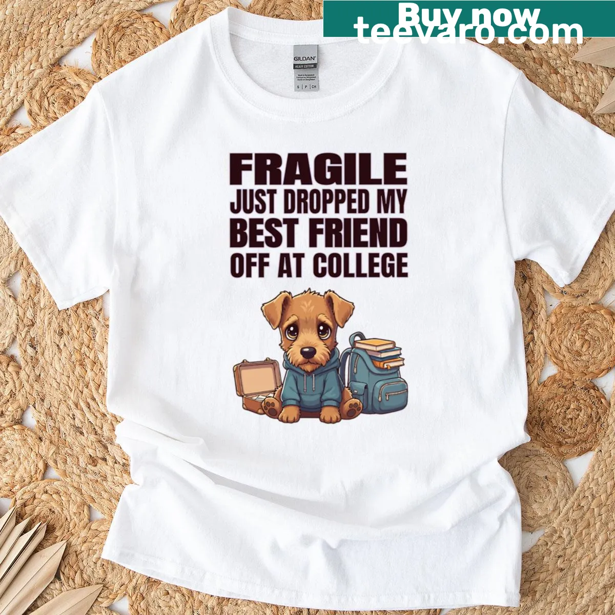 Illustration of an Airedale Terrier with 'Fragile' text — on a men's t-shirt