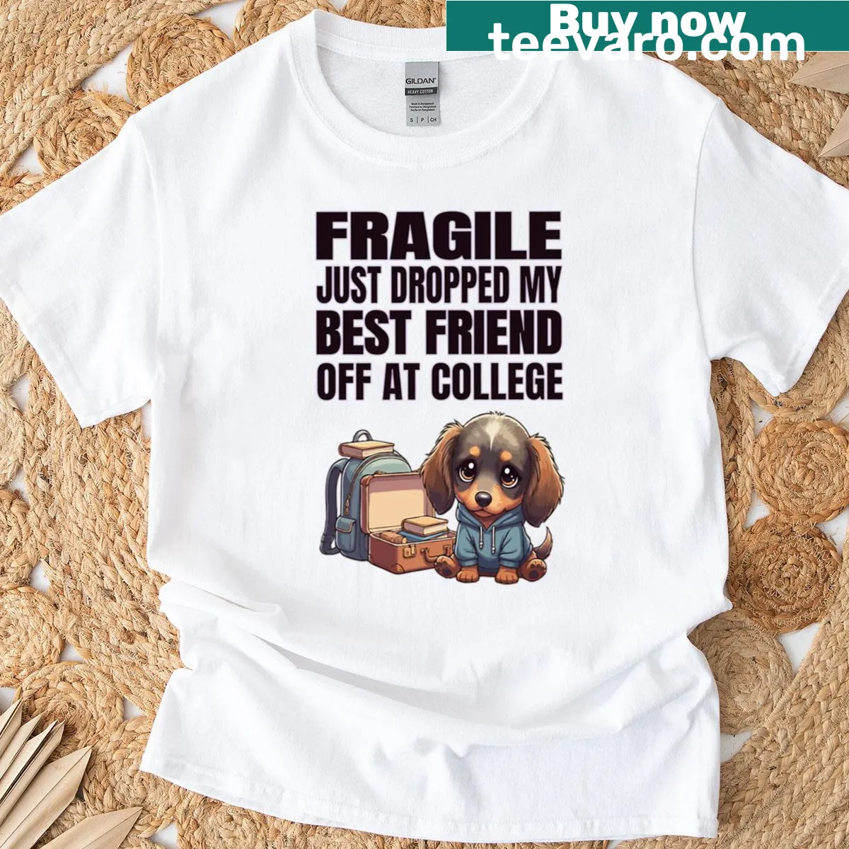 T-shirt with heartfelt phrase about leaving a Dachshund at college — on a men's t-shirt
