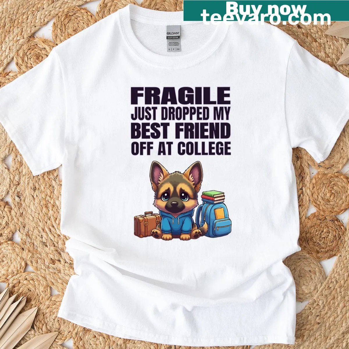 Illustration of a German Shepherd with 'Fragile' text — on a men's t-shirt