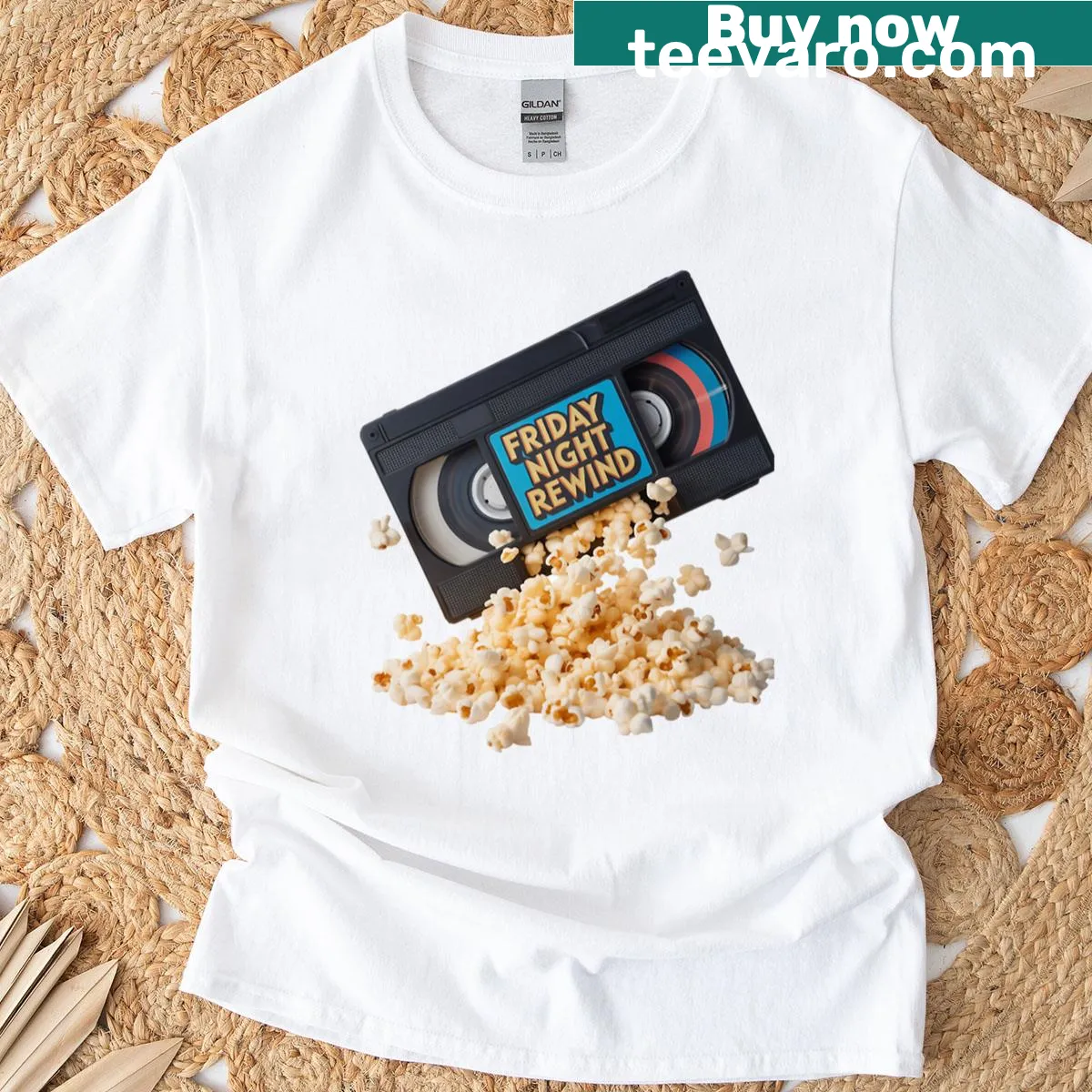 Retro-themed Friday Night Rewind T-shirt with VHS and popcorn design — on a men's t-shirt