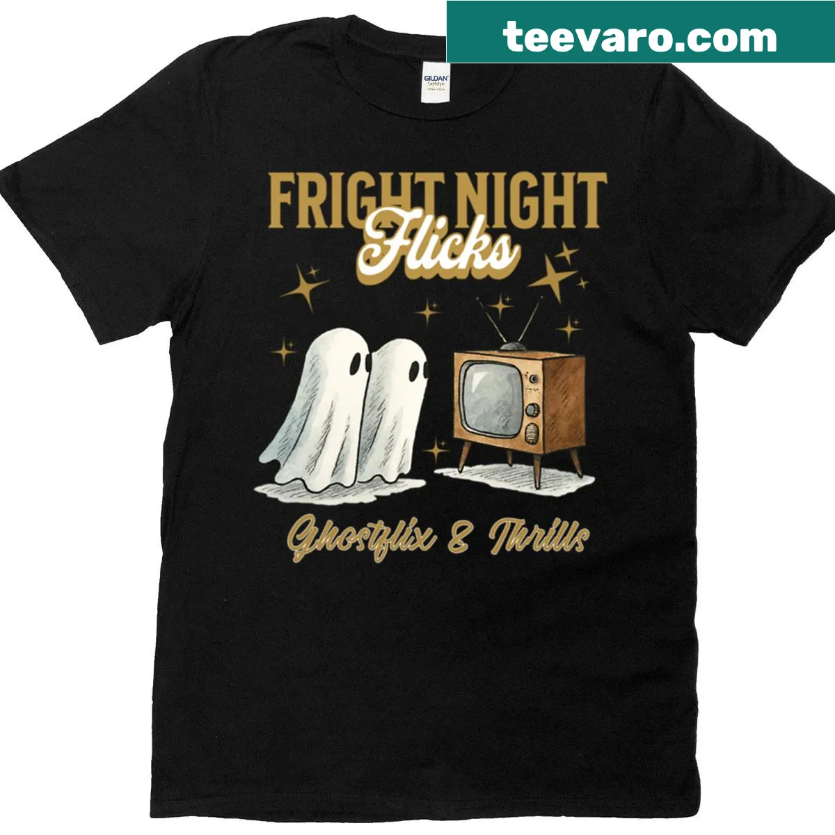 Oversized T-shirt with cartoon ghosts watching TV for Halloween fun — on a men's t-shirt