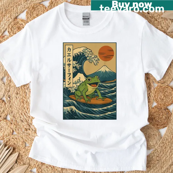 Whimsical frog surfing design on a t-shirt