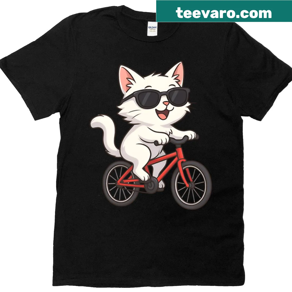 Anime style illustration of a cat riding a bicycle — on a men's t-shirt