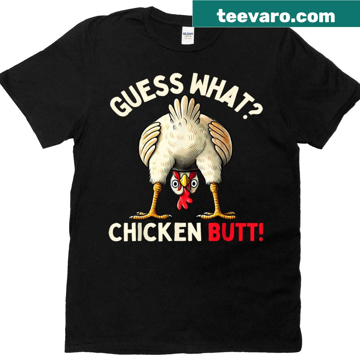 Funny chicken graphic t-shirt featuring a humorous chicken butt meme — on a men's t-shirt