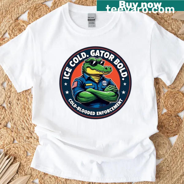 Funny T-shirt featuring a cartoon gator dressed as an ice agent