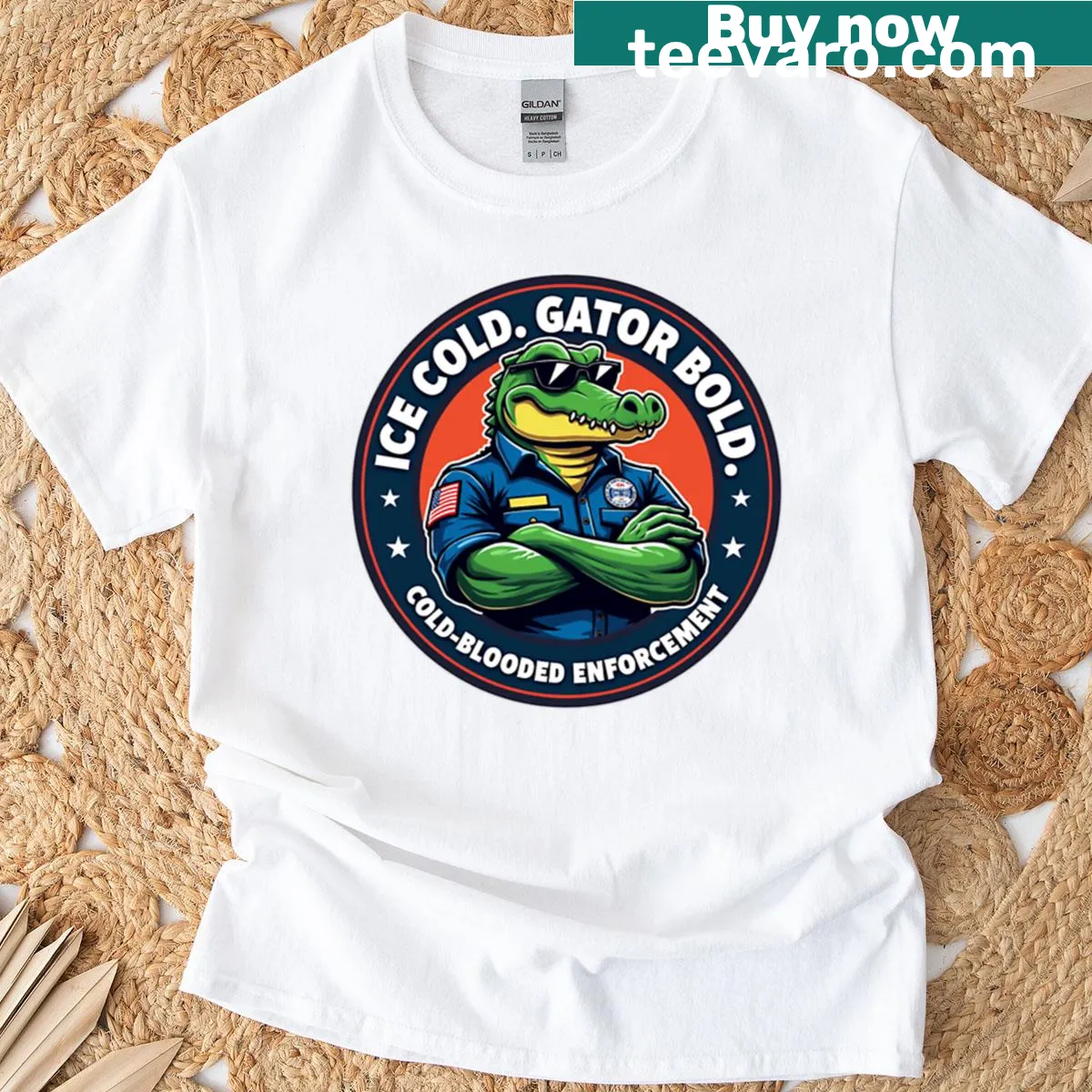 Funny T-shirt featuring a cartoon gator dressed as an ice agent — on a men's t-shirt