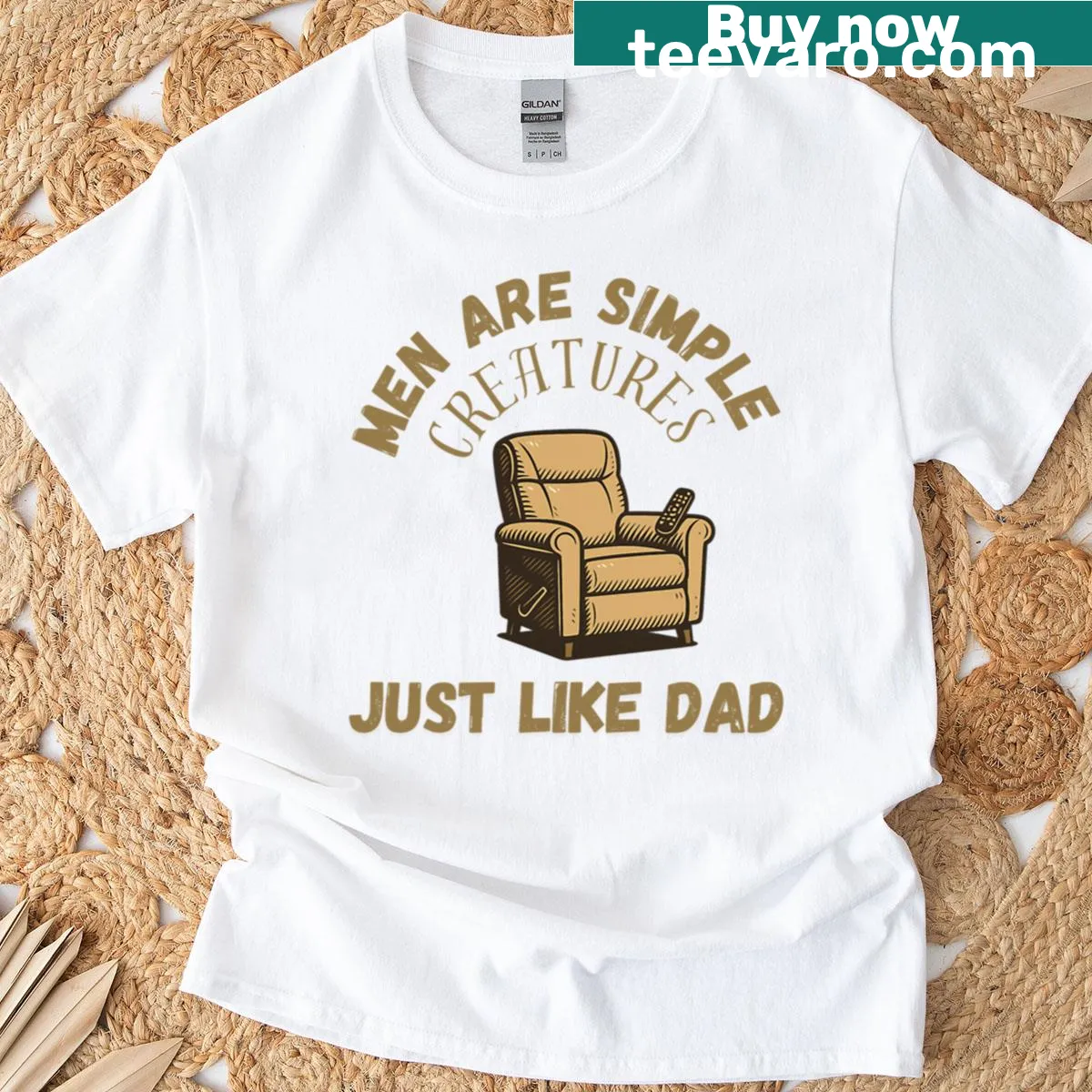 Oversized T-shirt with humorous text about dads being simple creatures — on a men's t-shirt