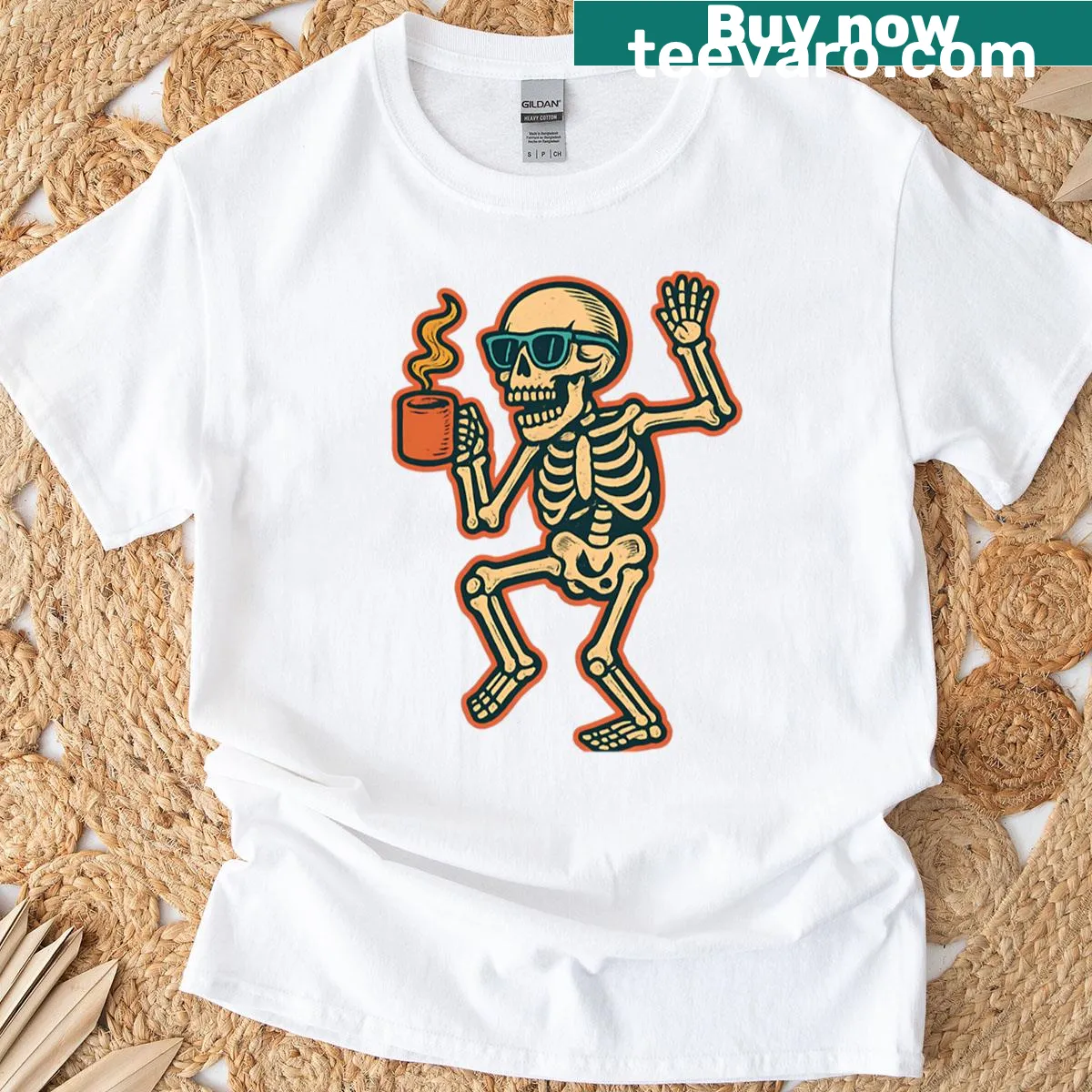 Cartoon dancing skeleton with coffee cup and sunglasses for Halloween — on a men's t-shirt