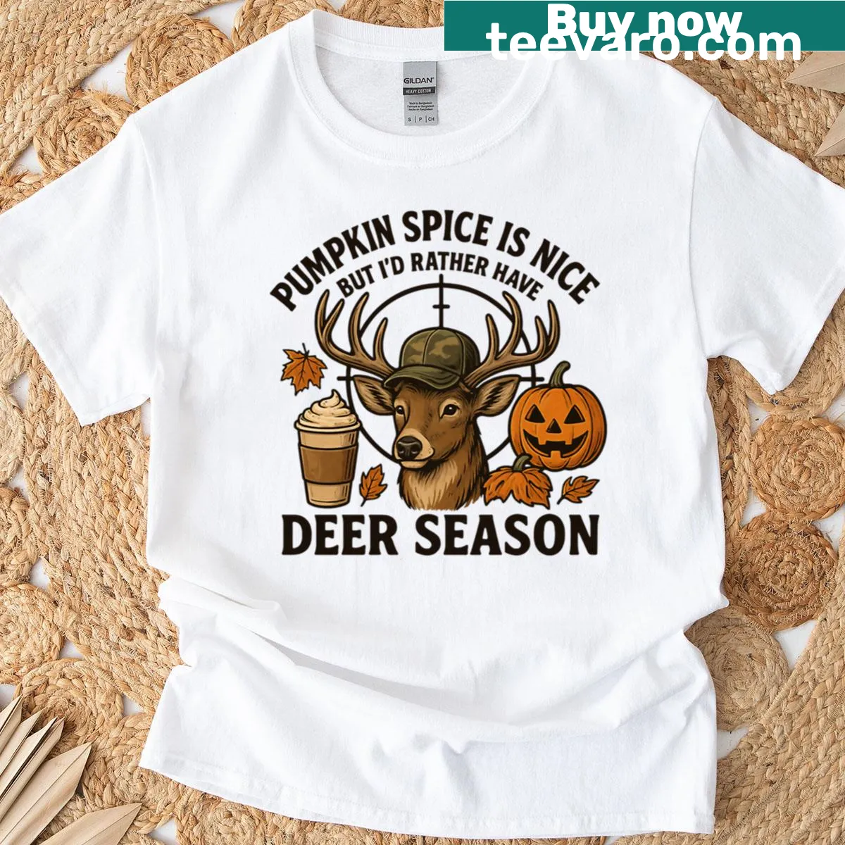 Funny pumpkin spice hunting design T-shirt for deer season — on a men's t-shirt