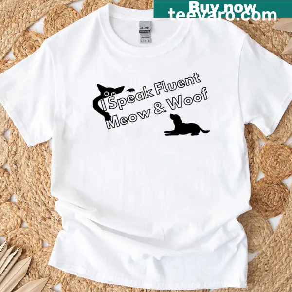 Veterinarian-themed t-shirt with 'I Speak Fluent Meow Woof' text